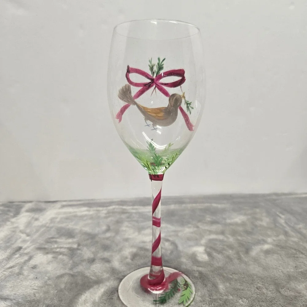 Hand Painted Christmas Wine Glass Bird with Pink Bow Holiday Stemware Festive